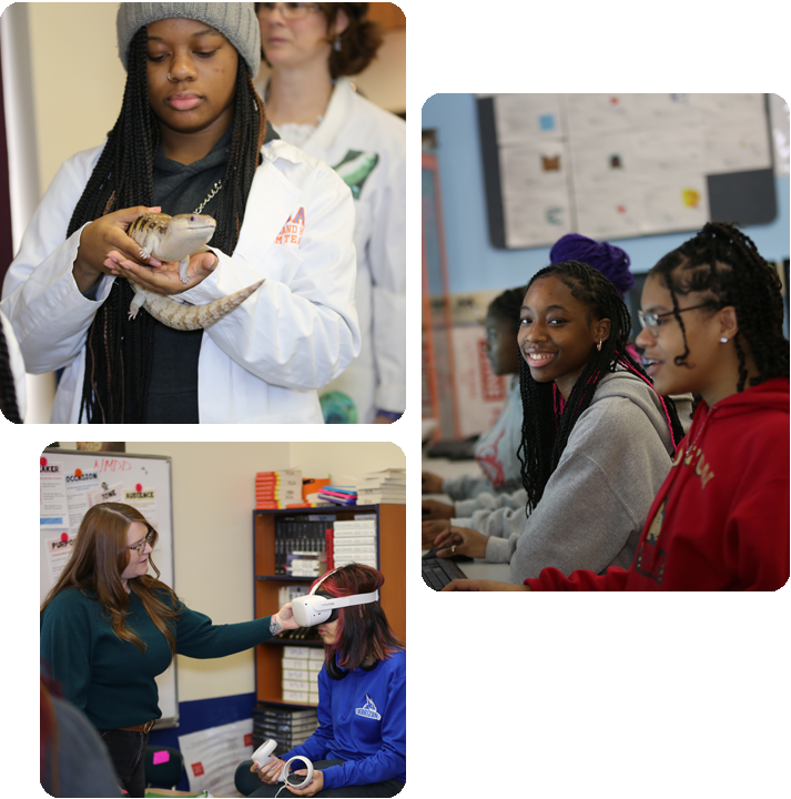 Students engaged in various activities in a science lab, showcasing teamwork and experimentation