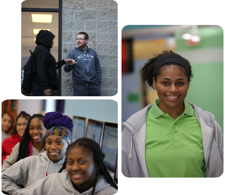 Collage showcasing various student activities including academics, science, and hands-on projects.